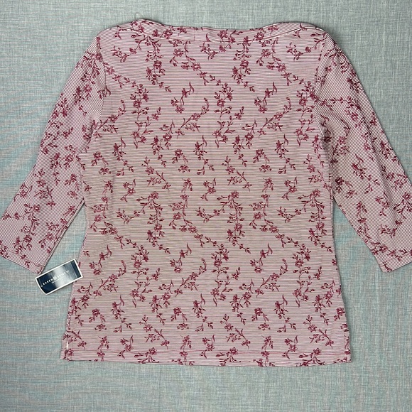 Merlot Floral Striped 3/4 Sleeve Boatneck Top Size Petite Large - Picture 5 of 5